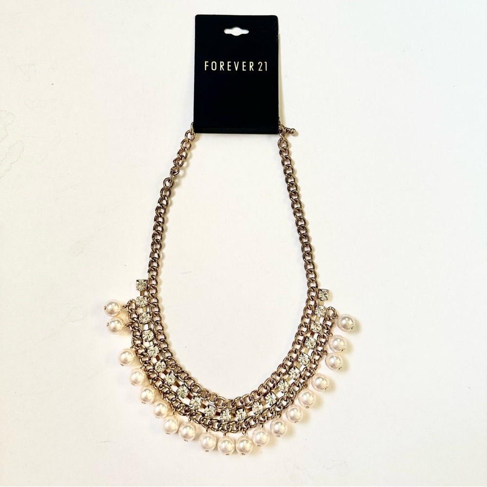 Forever21 Bib Collar Necklace Gold Tone Chain Faux Pearl Crystal Drops NWT